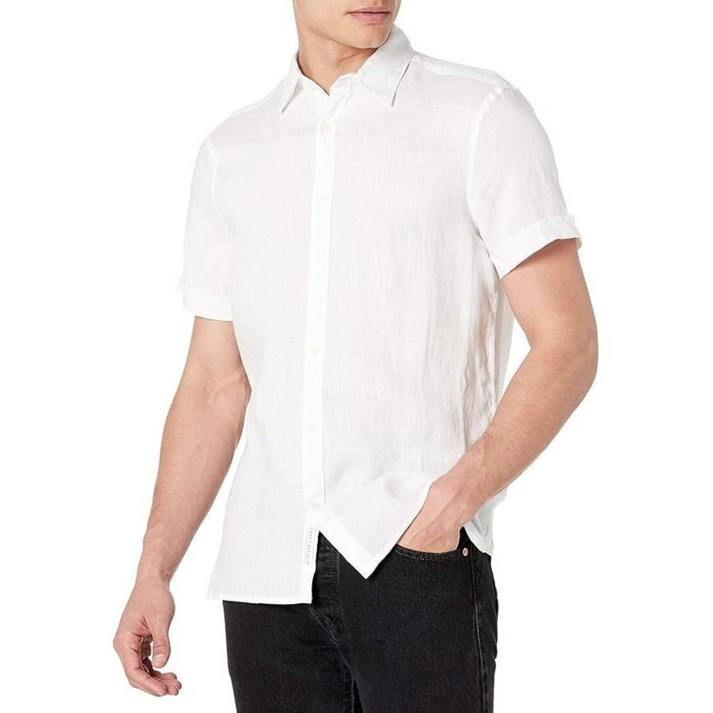 Perry Ellis Mens Linen Blend Short Sleeve Button Front Shirt Bright White Large